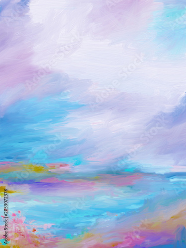 Vibrant Colorful Daytime Cloudscape, Landscape of Large Wispy Clouds Over Shoreline, Wildflower Blooms, Meadow-Digital Art, Illustration, Painting, Design in Blue, Teal, Pink, Purple, w/Texture