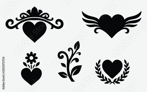 Quadro su tela Collection Of Black Heart Shapes With Floral And Leaf Elements Silhouette Style