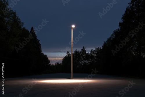 Solitary illuminated pole stands in a clearing at dusk, surrounded by trees