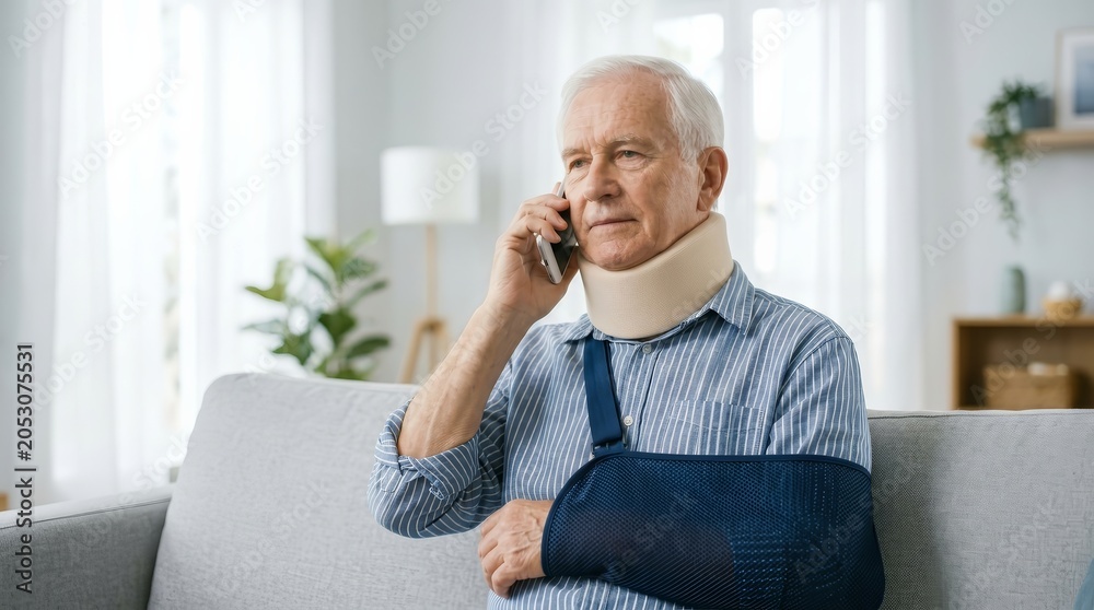 Fototapeta premium Senior man with a neck brace and arm sling making a phone call while sitting on a sofa.