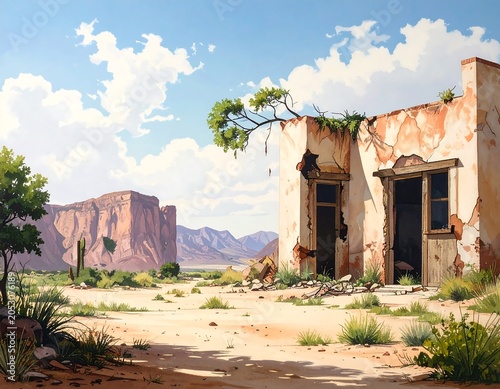 Desert scene with a weathered adobe building and mountainous backdrop under a bright sky. Sparse vegetation dots the landscape