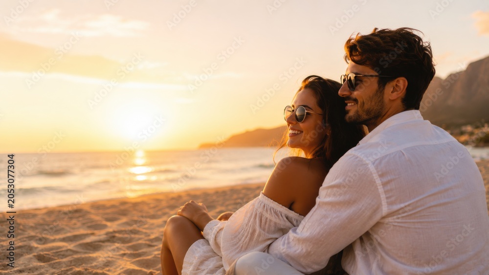 Fototapeta premium Romantic Couple Relaxing on Sandy Beach at Golden Sunset During Summer Vacation