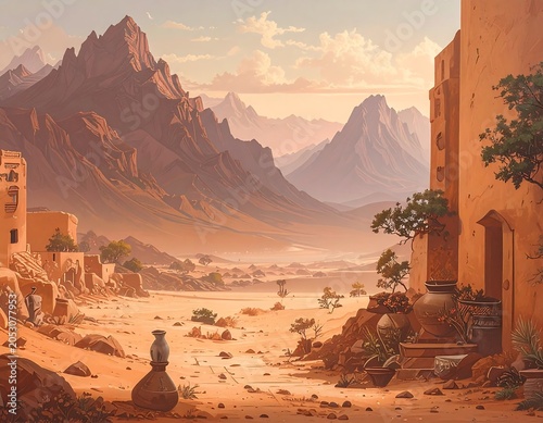 Desert scene with tan-colored buildings, a sandy road, and majestic mountains under a warm sky, suggesting a historical setting
