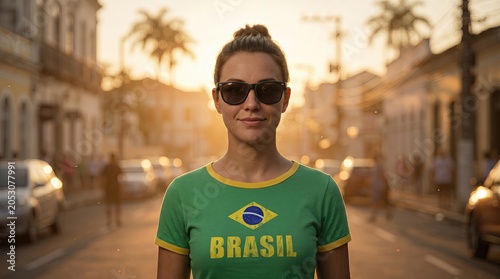 Brazilian Spirit: A radiant young woman, adorned in a Brazil-themed shirt and sunglasses, stands confidently on a sun-drenched street, exuding warmth and national pride.