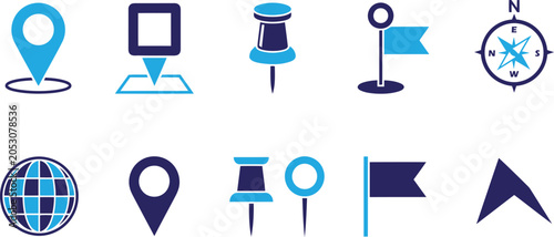 Collection of navigation icons in blue shades for mapping and directions