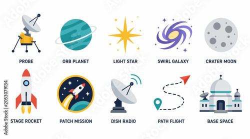 Quadro su tela Colorful icons representing space exploration themes.