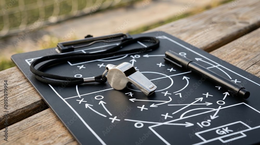 Obraz premium Macro shot of a game plan on a sports tactics clipboard featuring a metal whistle.