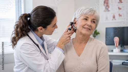 Female Doctor Performing Ear Examination on Senior Woman During Routine Medical Checkup in Modern Healthcare Clinic