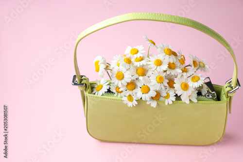 Beautiful chamomile flowers in bag on pink background