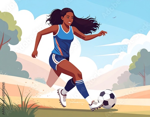 Illustration of a Black woman dribbling a soccer ball on a sunny day. She wears a blue athletic uniform. A field and trees are visible