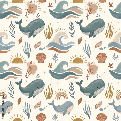 Boho Coastal Baby Whale Nursery Seamless Pattern