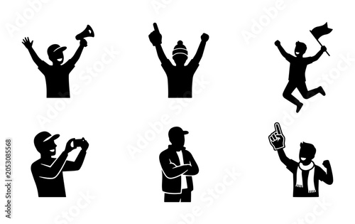 Sports Fans Silhouettes, Cheering Crowd Icons, Game Day Celebration Vector Set