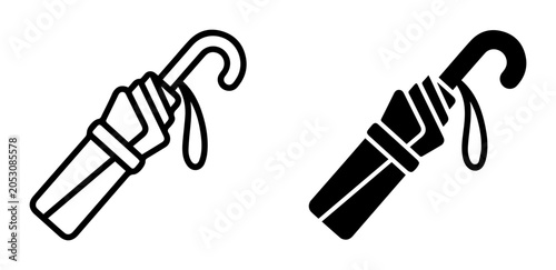 Closed Umbrella Icons, Folded Rain Protection, Weather Gear Symbols, Black and White Vector Art