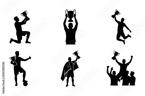 Soccer Champion Silhouettes, 6 Victory Poses Vector Set, Sports Award Celebration Icons