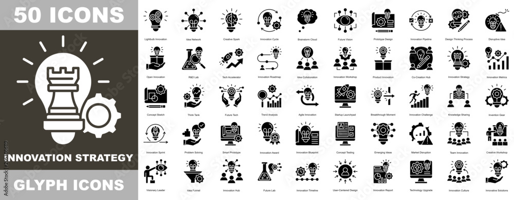 Obraz premium Innovation Strategy icon set, a Glyph style collection. Includes icons for idea, innovation, creativity, bulb, light. The lines are editable. Line icons. Perfect for infographics.