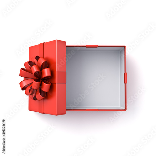 Blank red gift box open or top view of red present box tied with red ribbon bow isolated on white background with shadow minimal conceptual 3D rendering