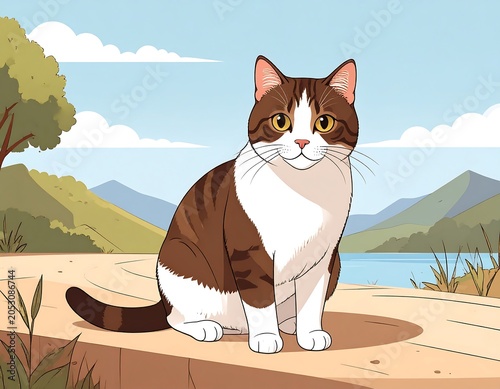 Illustration of a brown and white cat sitting outdoors, with a serene background of lake, mountains, and sky