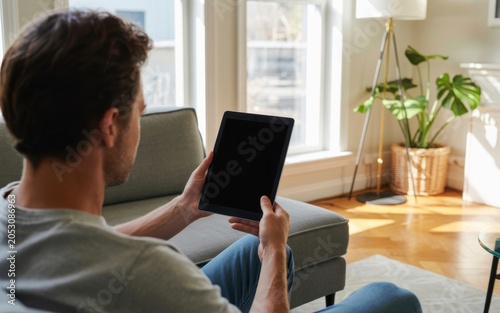Man sits on a sofa holding a digital tablet with a blank screen while relaxing in a bright modern living room interior.