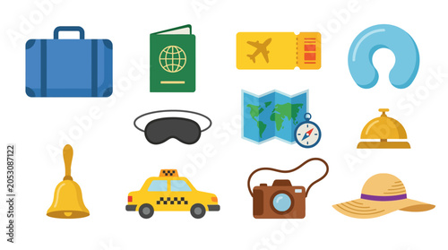 Foto Assorted travel and leisure icons collection.