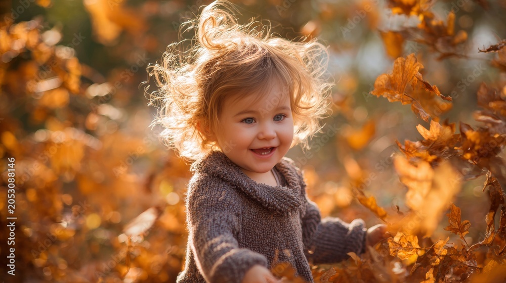Fototapeta premium Adorable toddler girl playing among glowing autumn leaves in warm sunlight, celebrating fall childhood joy and seasonal family lifestyle.