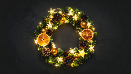 Festive Christmas wreath adorned with pine cones, dried orange slices, golden baubles and warm fairy lights, cozy holiday decoration on dark textured background