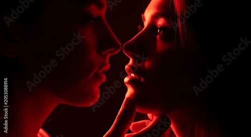 Two young women sharing an intimate moment in a dark room illuminated by vibrant red neon lighting that highlights their delicate facial features and soft expressions in this cinematic portrait.