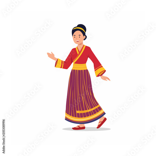 Woman in traditional red and purple dress with yellow accents