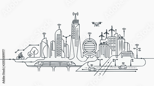 Smart City Network: An illustrative cityscape depicts a connected urban environment with futuristic technology, including autonomous vehicles, drones, and high-speed transit systems.