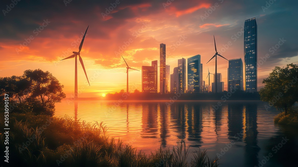 Obraz premium Futuristic eco-friendly cityscape at sunset showcasing innovative architecture with wind turbines and solar panels near a serene water body