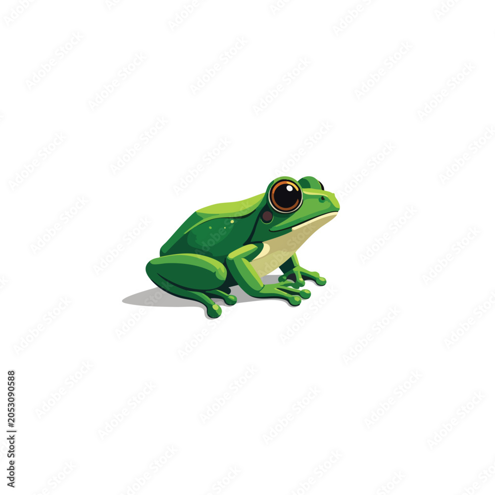 Fototapeta premium A cute cartoon illustration of a small green frog sitting on a white background.