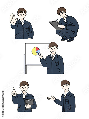  Male worker illustration set (whiteboard writing, graph explanation, pointing, stop gesture, guidance) 