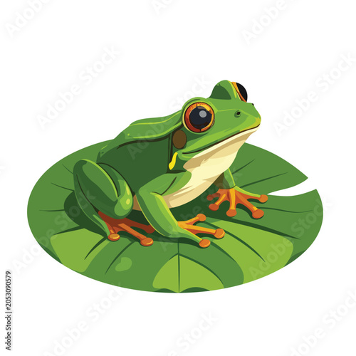 A detailed illustration of a vibrant green tree frog perched on a lily pad.