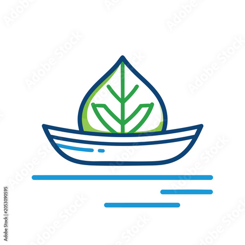 Minimalist green leaf icon inside a blue boat on water.