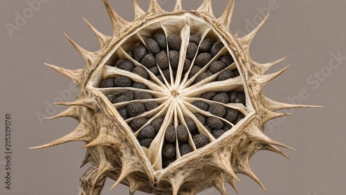 A dried datura seed pod split open, revealing a radial pattern of dark seeds inside.