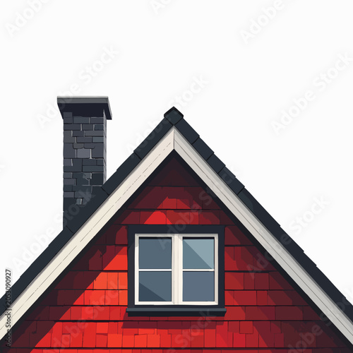 Red house gable roof with a chimney and a single window.