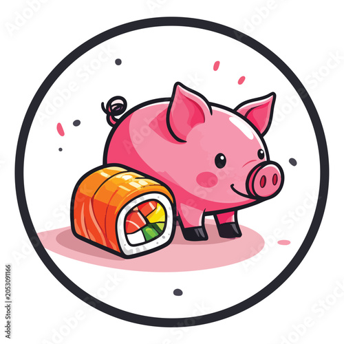 Cute cartoon pink pig standing next to a delicious sushi roll.