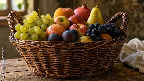 A tightly woven osier basket filled with fresh fruits, natural texture of willow.