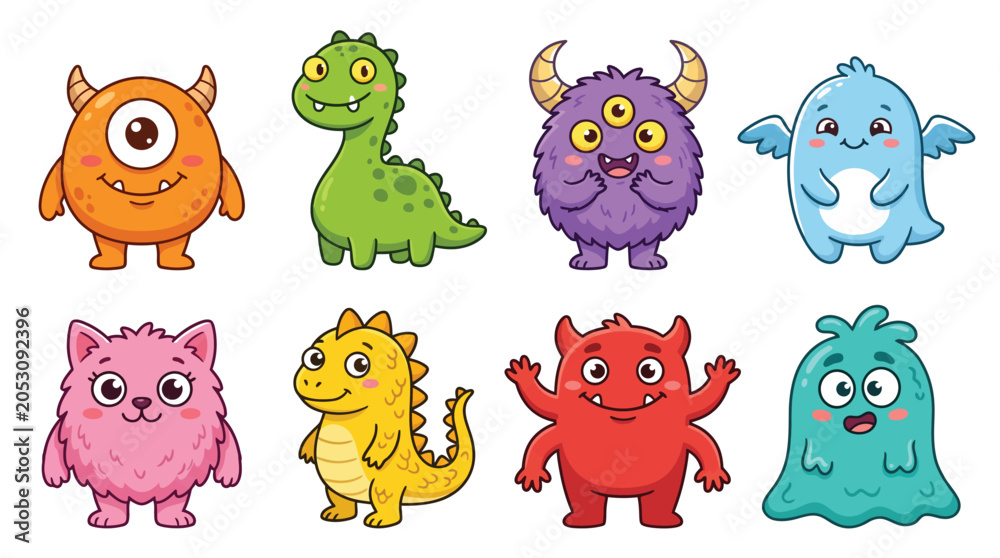 Fototapeta premium Set of eight colorful cute monsters showing various funny expressions and different unique cartoon body shapes