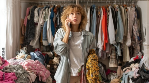 Overwhelmed Woman Facing Clothing Overload in Messy Closet, Illustrating Fast Fashion Waste and Sustainable Wardrobe Decluttering.