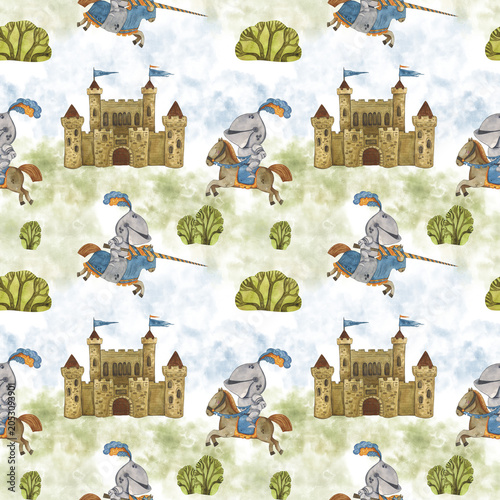 Seamless pattern medieval castle and knights on horses, cartoon. Watercolor hand-drawn illustration. Drawing for paper, cards, scrapbooking. History, tournament, battle, warrior, horse, armor