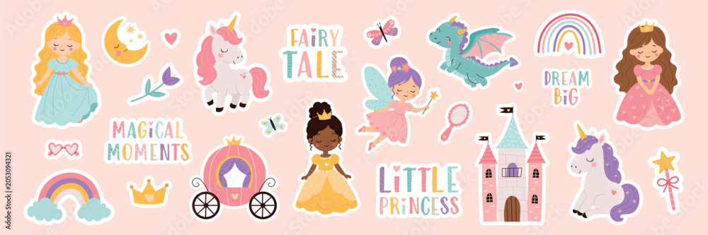 Naklejka premium Cute princess fairytale sticker set with princesses, unicorns, fairy, dragon, castle, rainbow and magical elements. Fantasy collection for nursery decor and kids design. Flat vector illustration