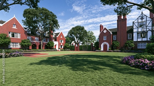 Sunny collegiate-style private school campus with manicured lawn and redbrick buildings