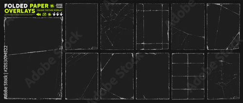 Realistic old folded paper texture overlay kit with grunge scratches, wrinkles and torn edges. Aged and old dust effect, distressed worn edges paper frames for retro, punk and vintage posters.