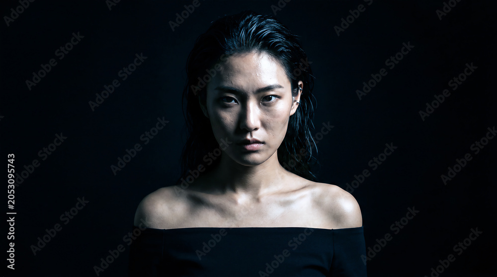 Fototapeta premium Intense dramatic portrait of a beautiful asian woman with wet hair looking at camera