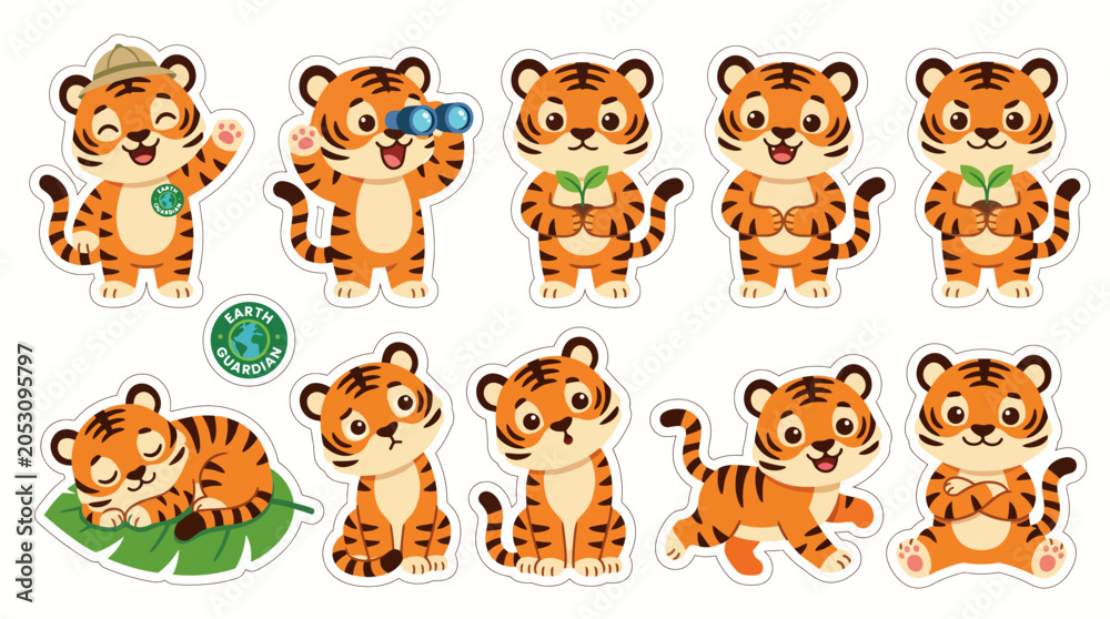 Obraz premium Cute tiger cub character sticker pack, earth guardian environmental conservation elements, vector illustration.