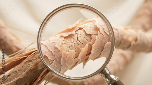 A close-up view of a damaged, split hair strand viewed through a magnifying glass against a background.