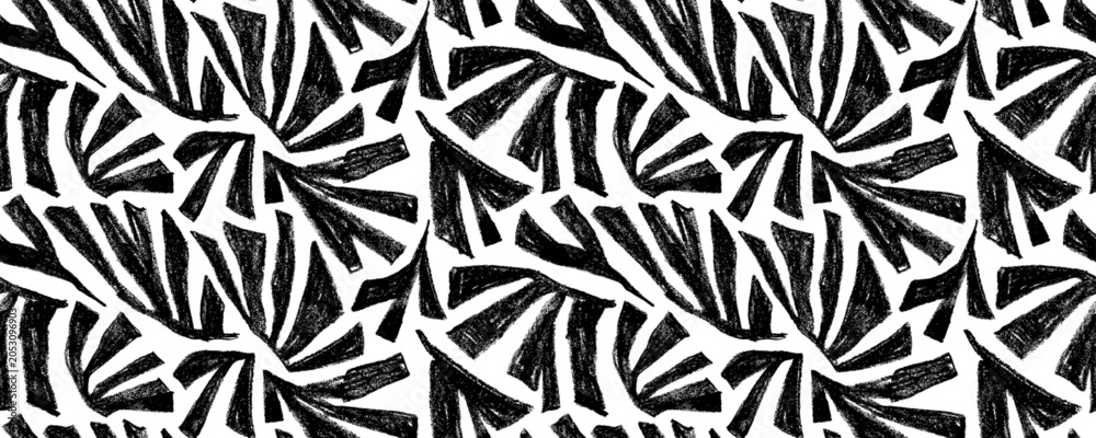 Obraz premium Tropical geometric black leaves seamless pattern. Graphic dynamic botanical vector background with chalk texture palm leaves. Seamless pattern print, natural naive abstract jungle or forest motif bg.