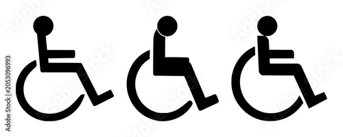 Solid black icon, white background: universal wheelchair access symbol set with simple line art design featuring sketches, drawings, vector graphics with minimalist and simple illustrations