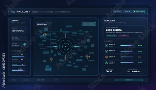 Tableau sur toile Tactical lobby cyber shooter interface for match preparation with loadout panel, selected map, squad queue, mission telemetry, player stats, matchmaking status, team readiness, server region