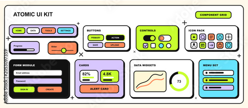 Quadro su tela Atomic UI kit component grid for app interface design with buttons, controls, icon pack, form module, cards, data widgets, menu set, progress bar, slider, chart, toggle, inputs and dashboard elements
